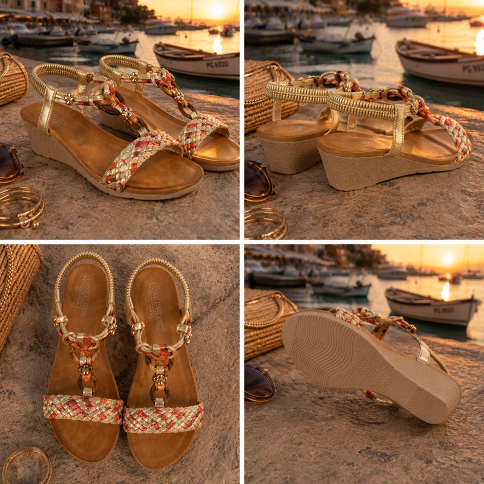 Women's Gold Multi-Strap Embellished Flat Sandals