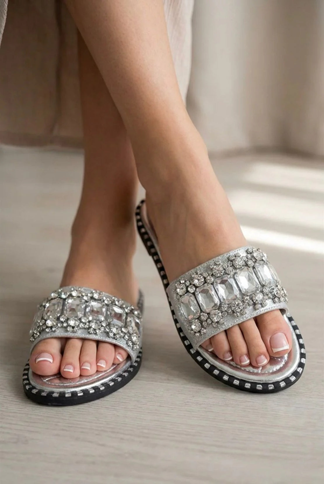 Embellished Sandals Sparkle Flat Slides Rhinestone Silver slider