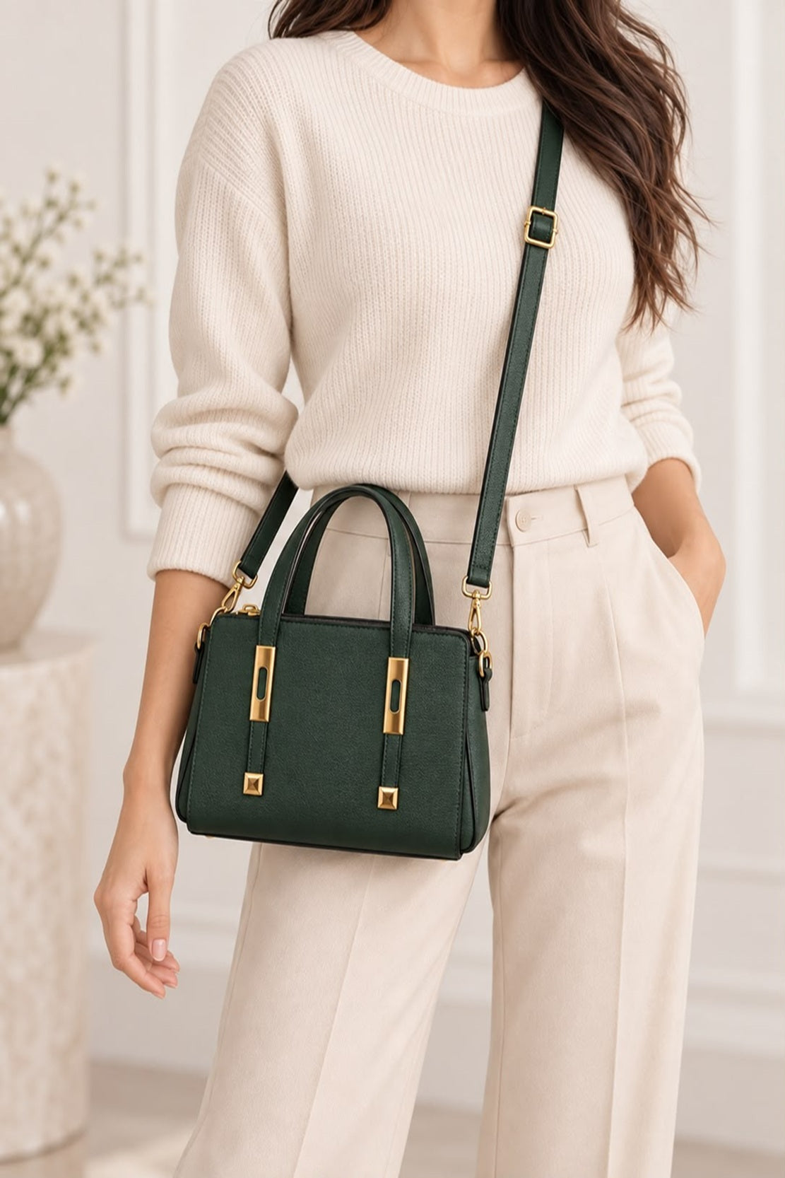 Women's Structured Faux Leather Crossbody Green Tote Bag