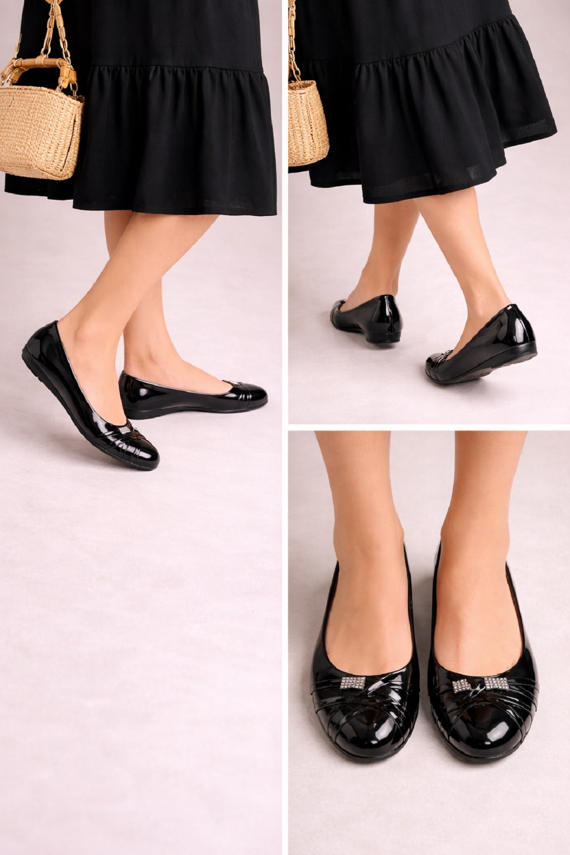 Black Patent Slip On Ballerina Shoes Rhinestone Bow