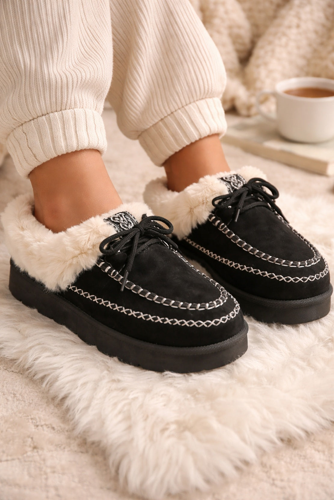 Embroidered Fluffy cozy moccasin-inspired slipper Black  Slippers