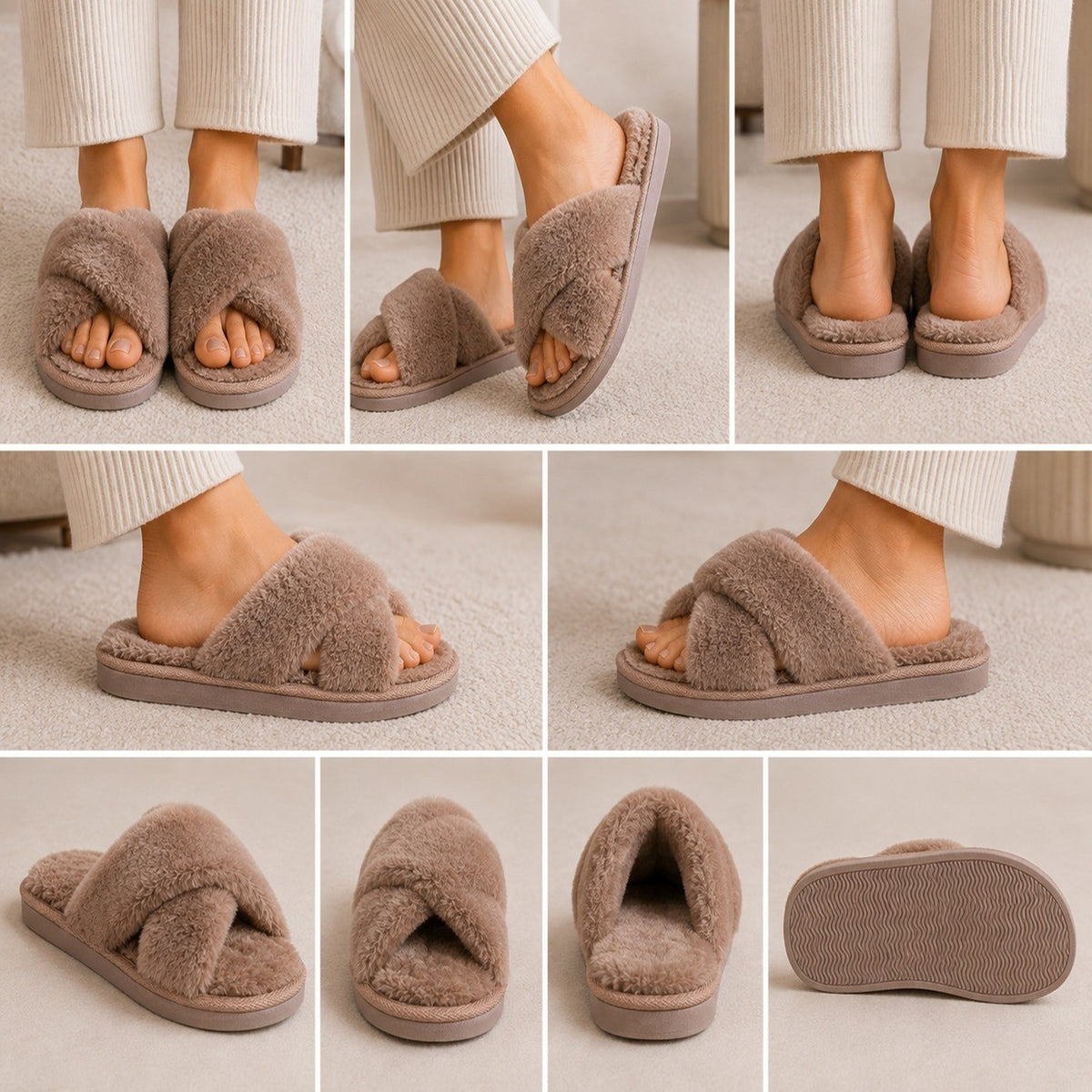 Faux Fur Cross Strap Flat Slippers