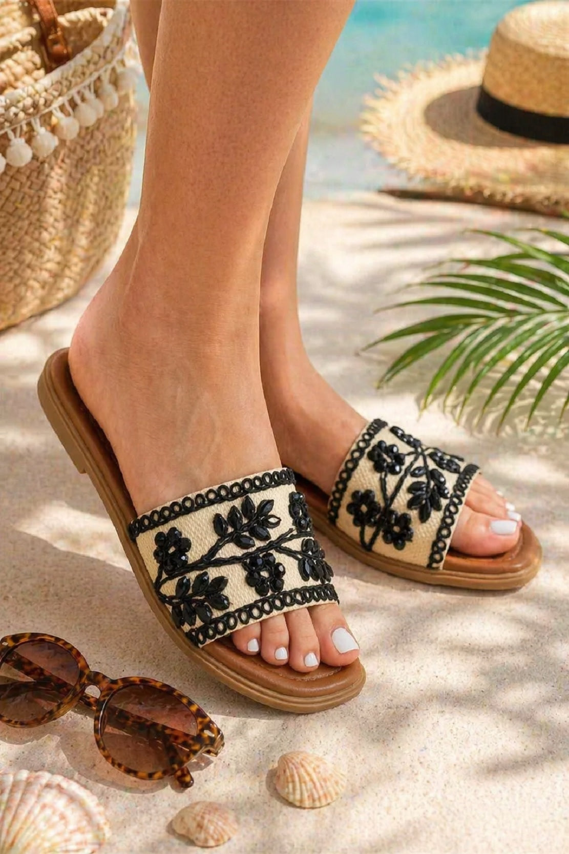 Black Floral Crystal & Pearl Embellished Flat Slider Sandals