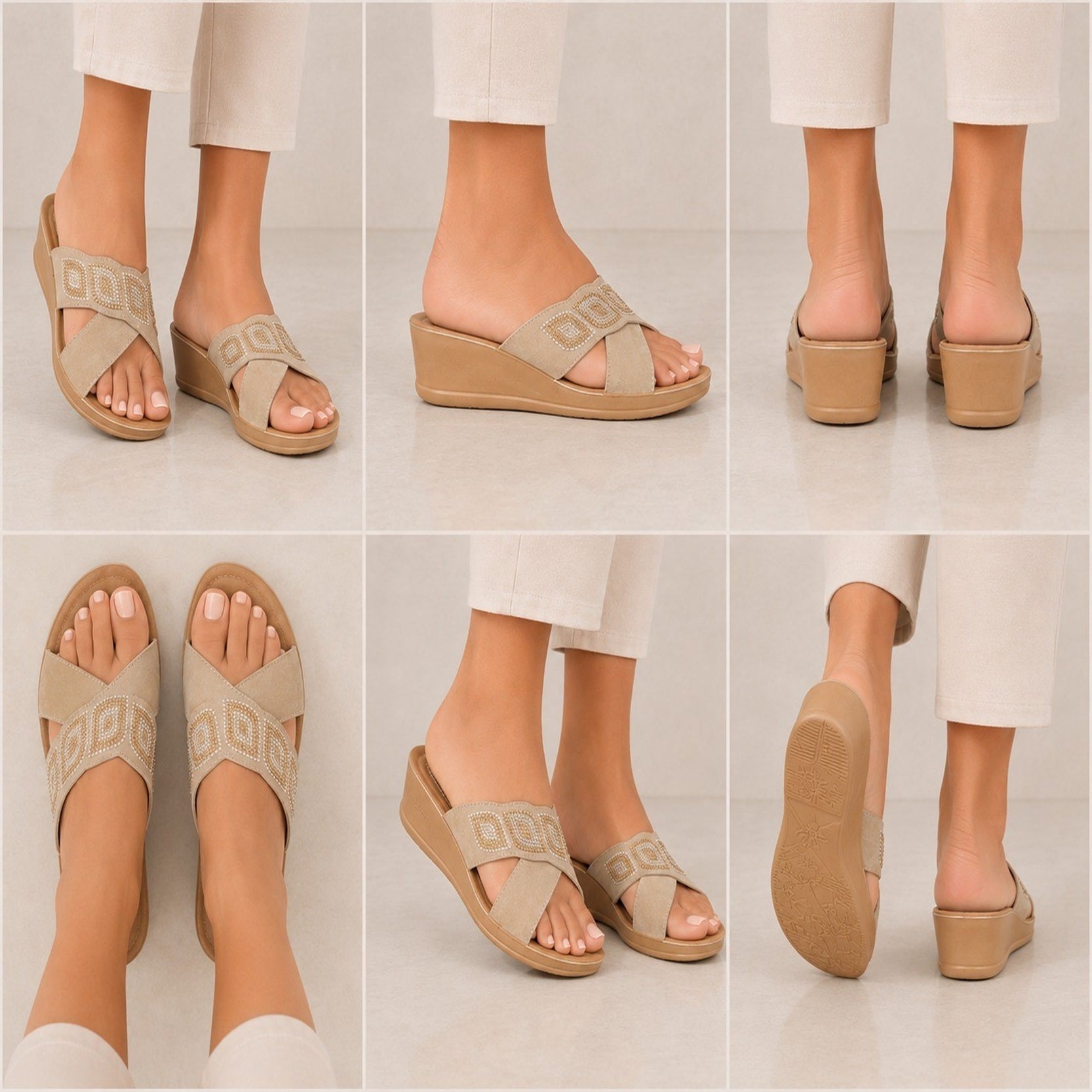Women's Beige Embellished Comfort Wedge Mule Sandals