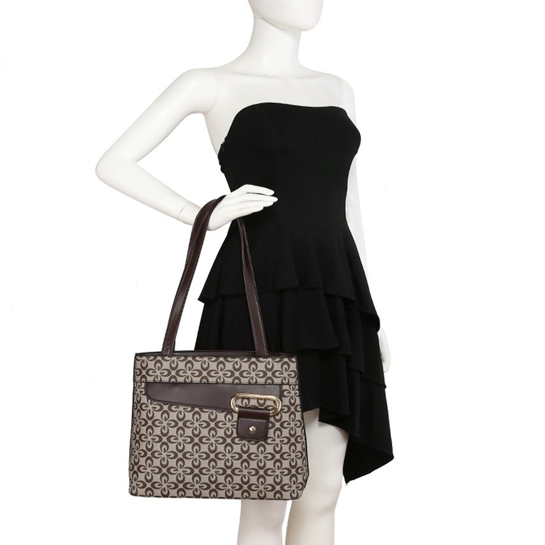 Women's Patterned Tote Shoulder Handbag with Buckle Detail