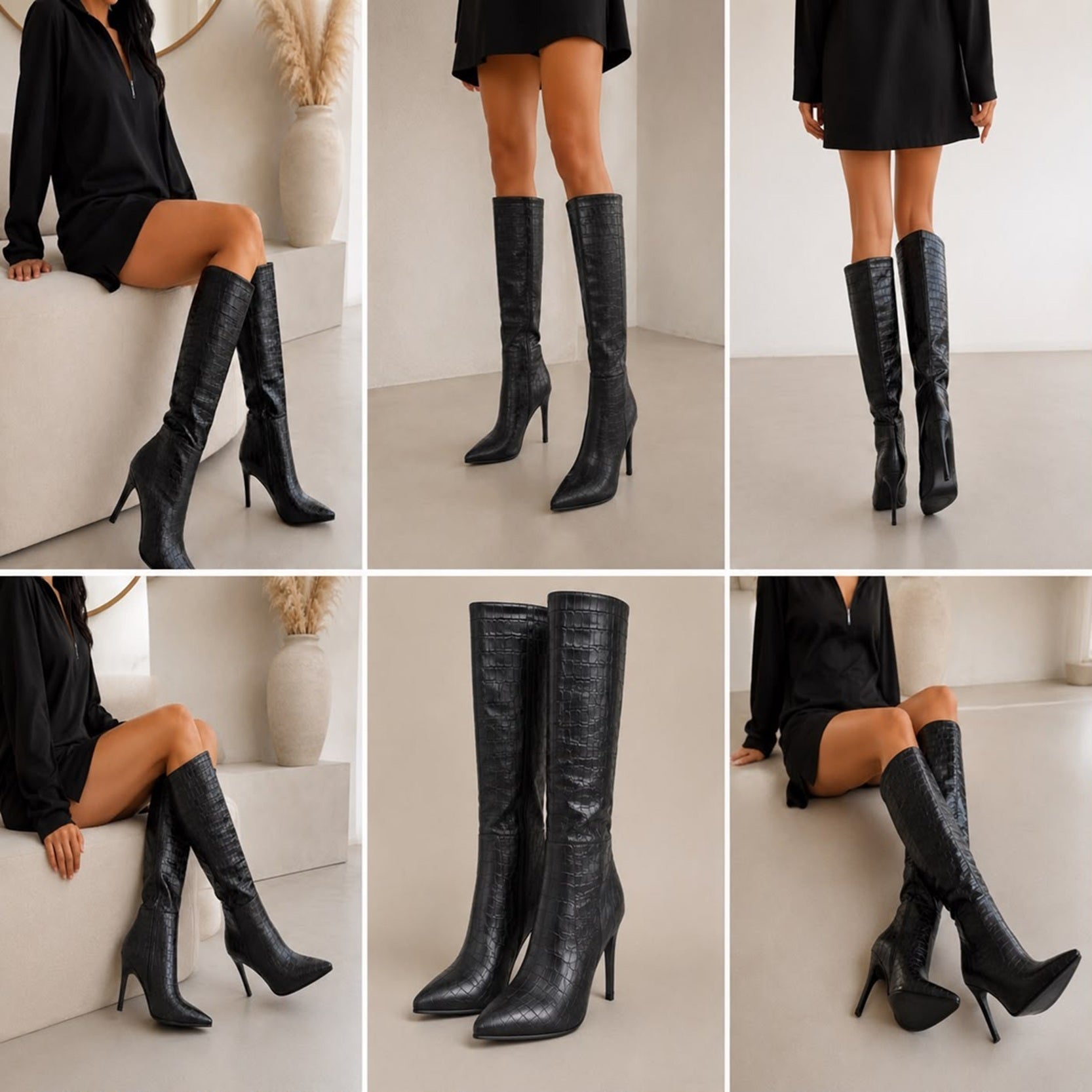 Women's Croc Texture Pointed Toe Knee High Stiletto Boots