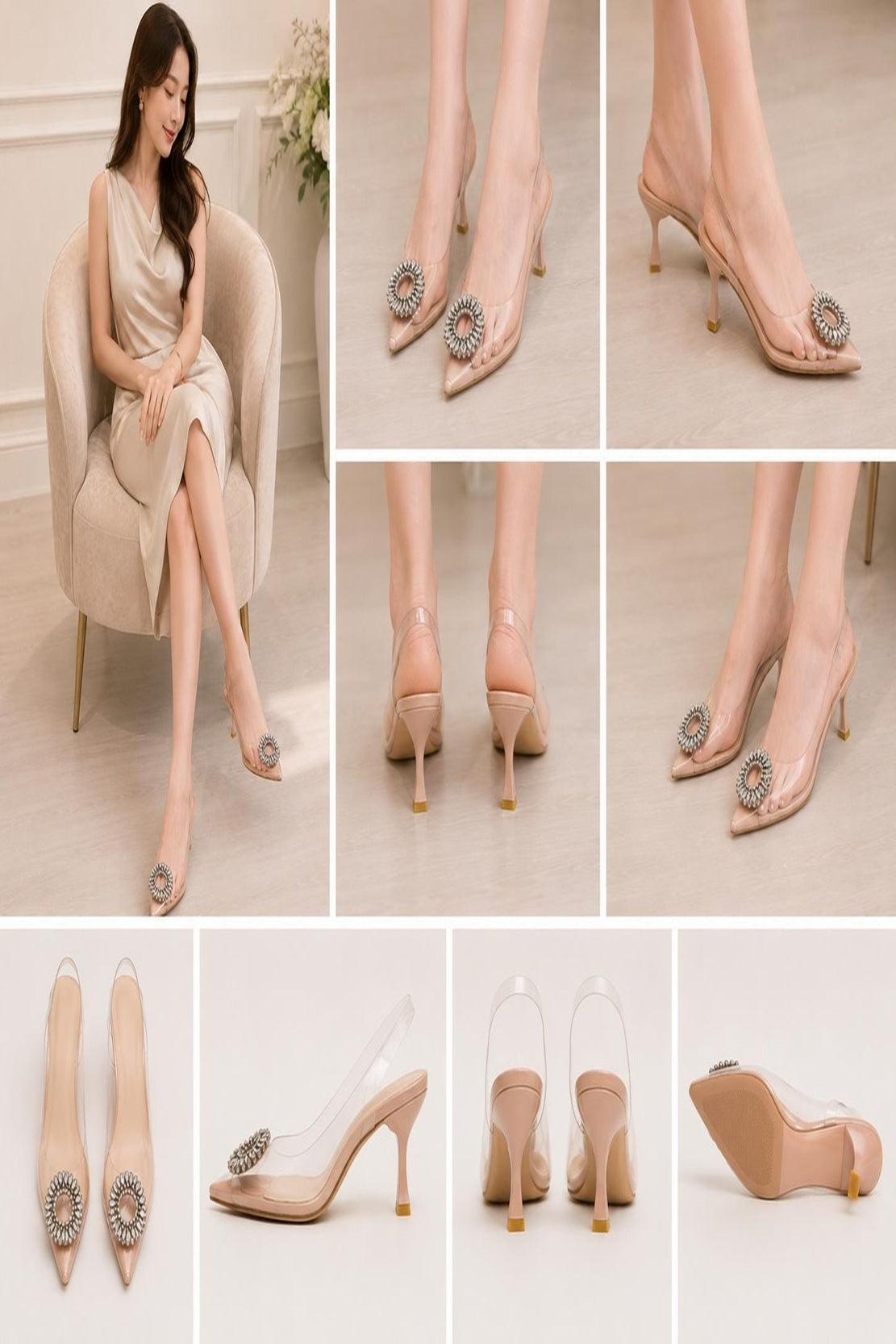 Elegant Embellished Nude Transparent Heels for Women