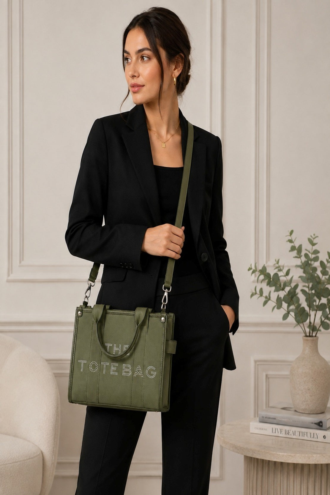 Women's Embellished Canvas PU Trim Tote Crossbody Bag