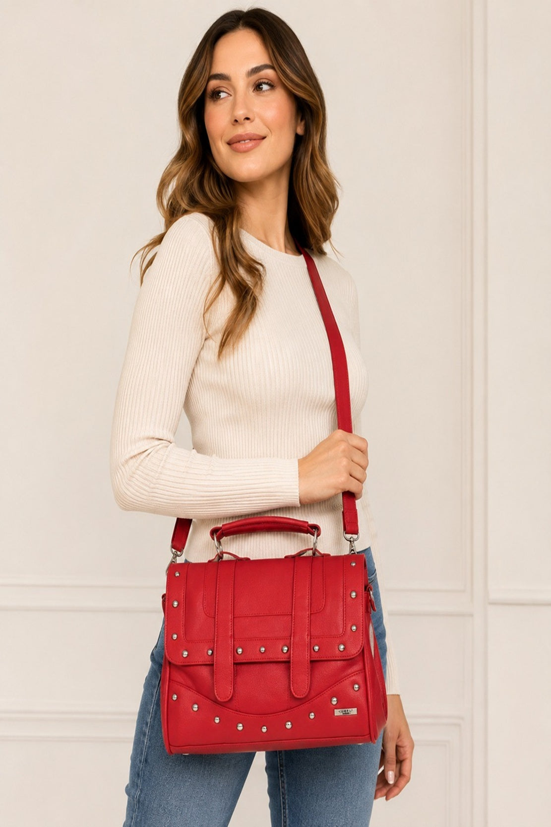 Women's Satchel Leather Grain PU Bag Twin Zips & Studs