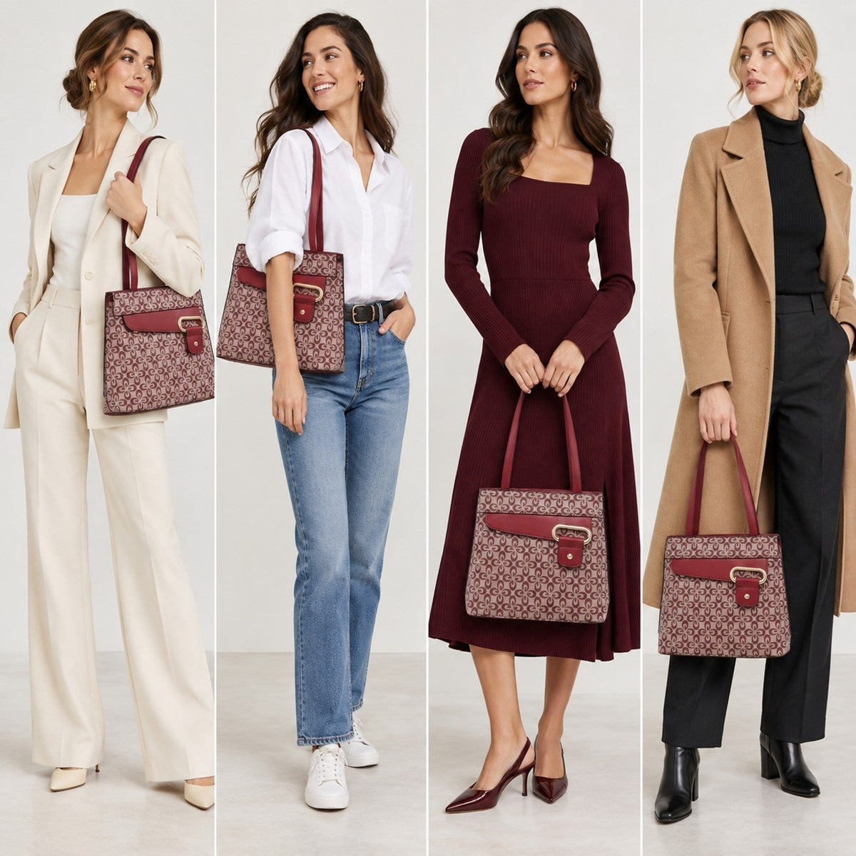Women's Patterned Tote Shoulder Handbag with Buckle Detail