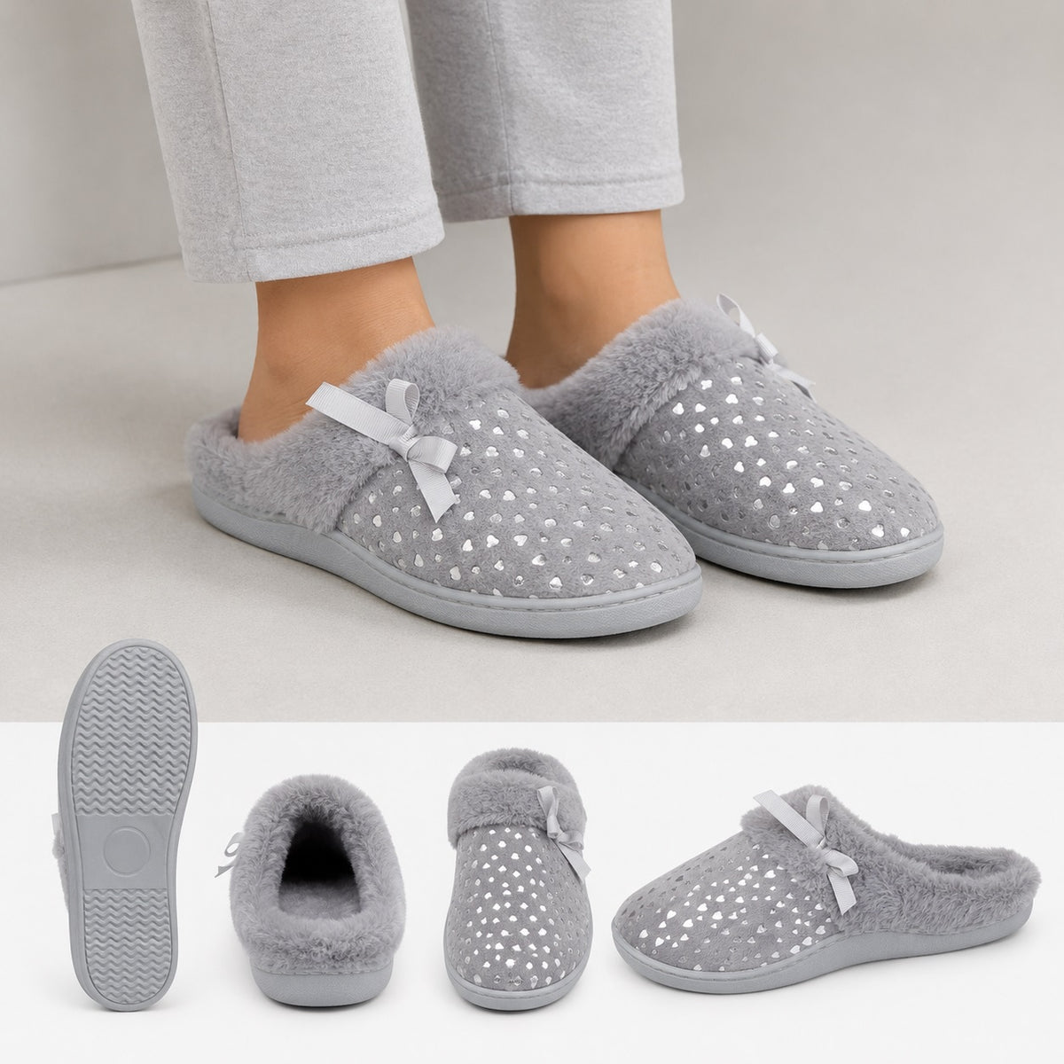 Grey Fur-Lined Mule with Foil Heart Detail