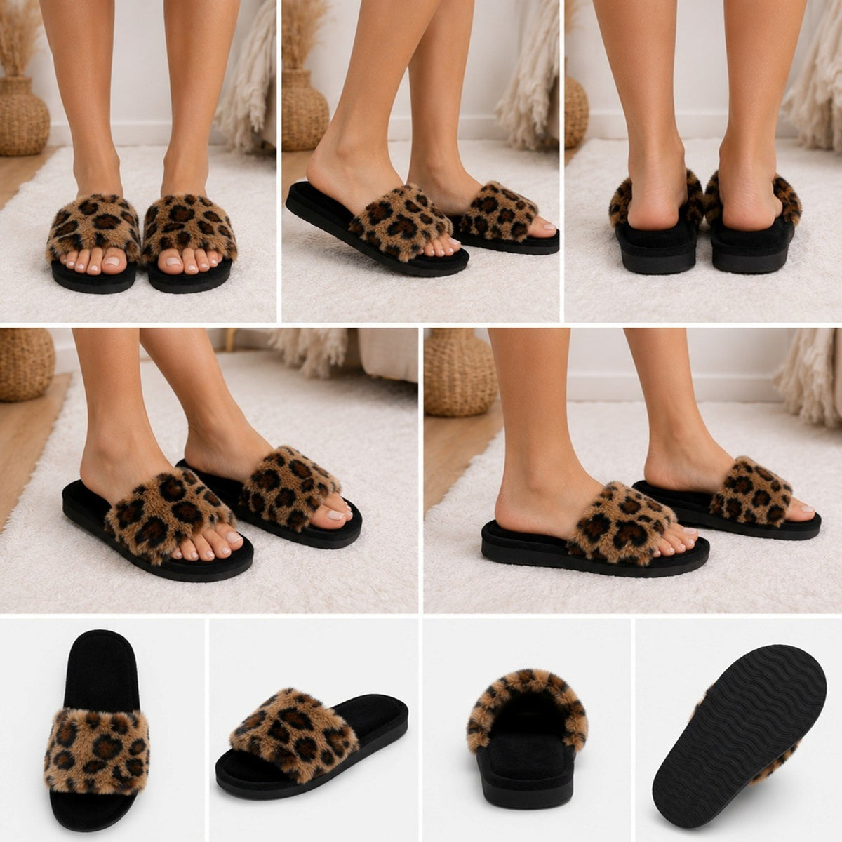 Women's Leopard Print Faux Fur Comfort Sliders