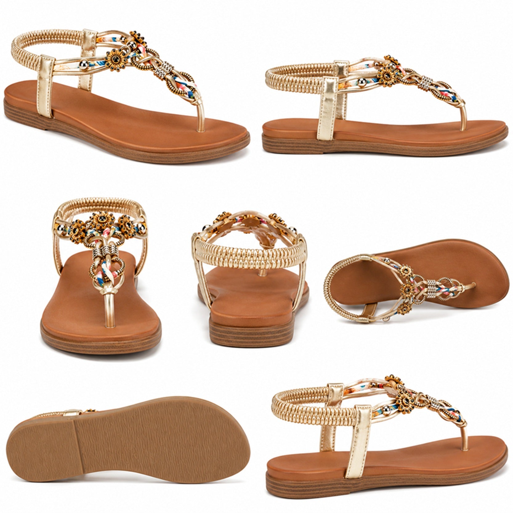 Women's Gold Multi Embellished T-Bar Flat Sandals