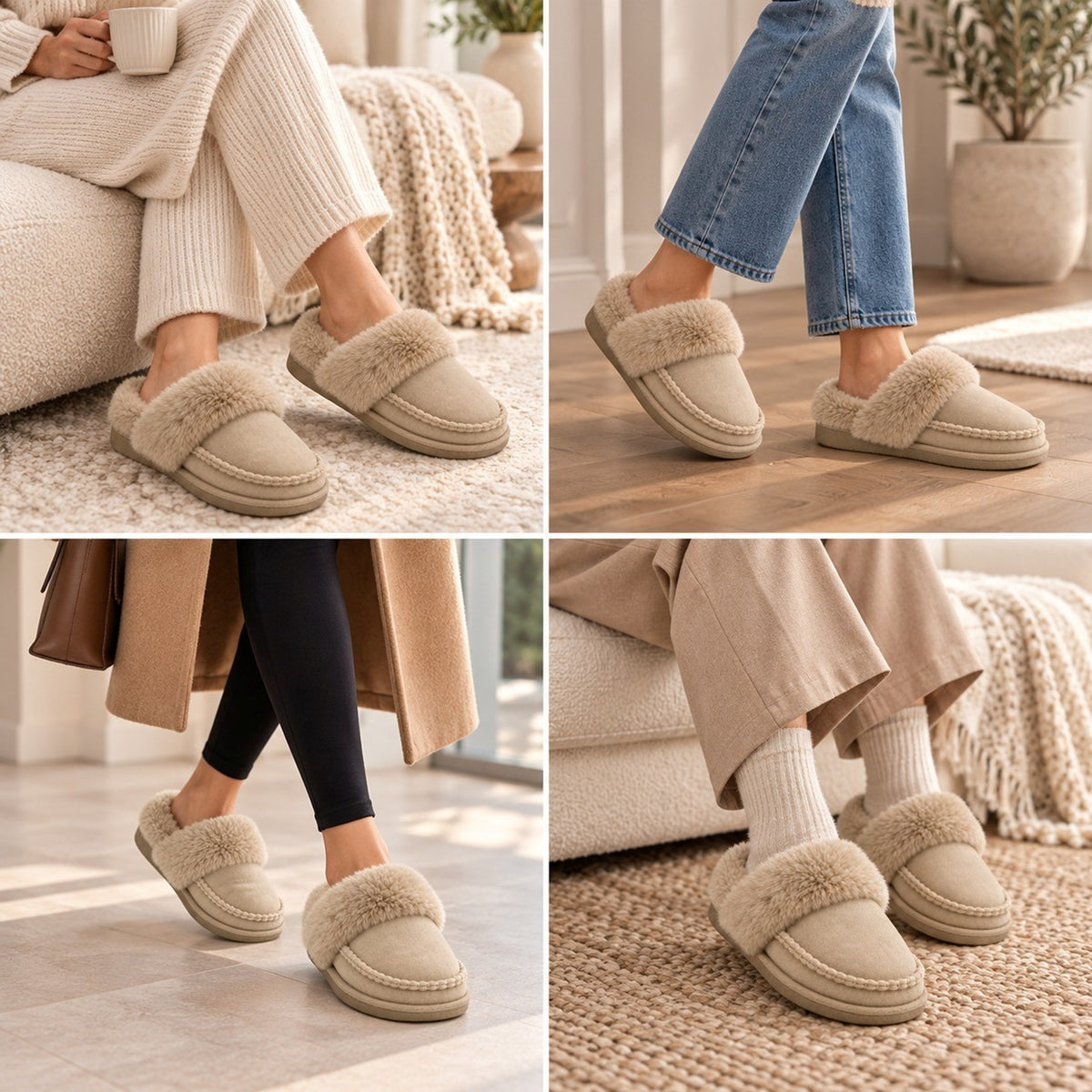 Women's Faux Fur Trim Slip-On Mule Slippers
