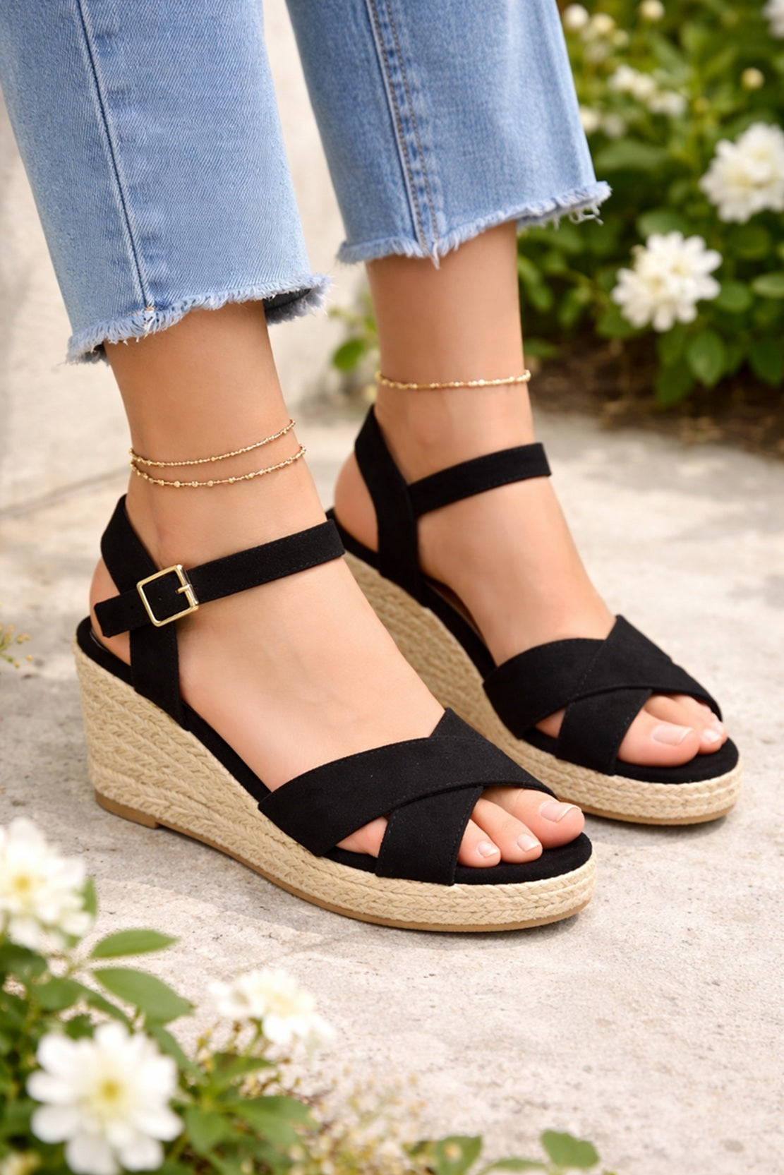 Ladies Wedge Heel Espadrille Sandals – Black Open Toe Summer