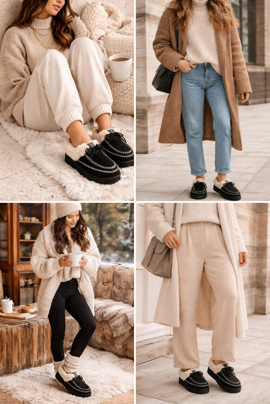 Embroidered Fluffy cozy moccasin-inspired slipper Black  Slippers