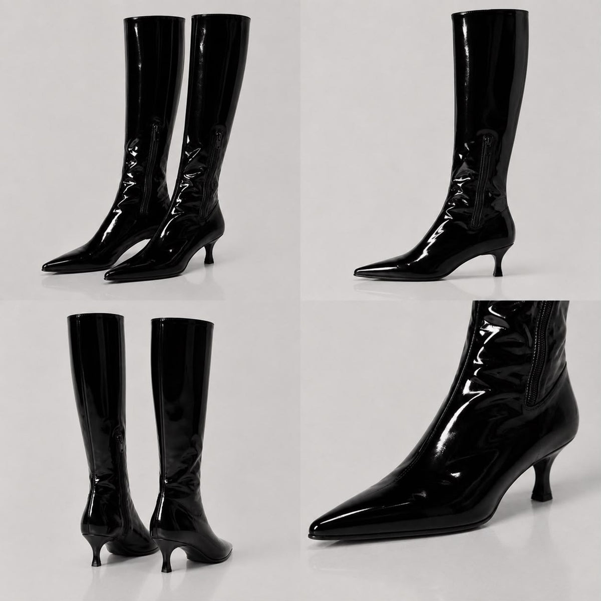 Women Pointed High Shine Kitten Heel Half Zip Knee High Boots
