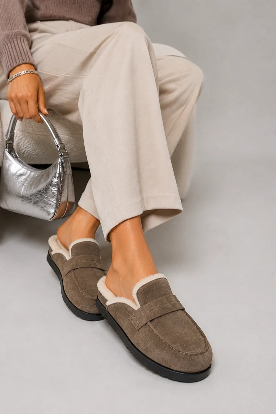 Faux Suede Fur-Lined Loafer Mules [