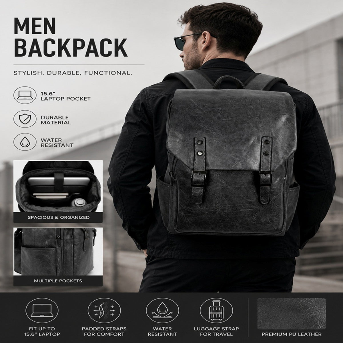 Men Leather Backapck Laptop Large Black Travel Work
