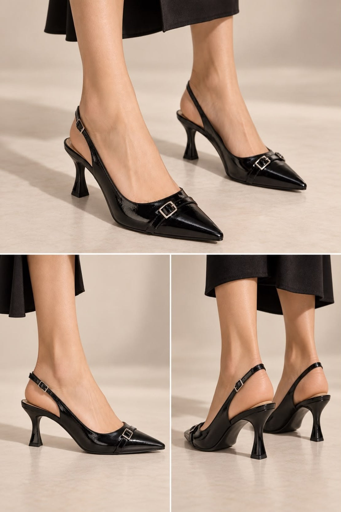 Black Crinkle Patent Pointed Slingback Kitten Heel Pumps