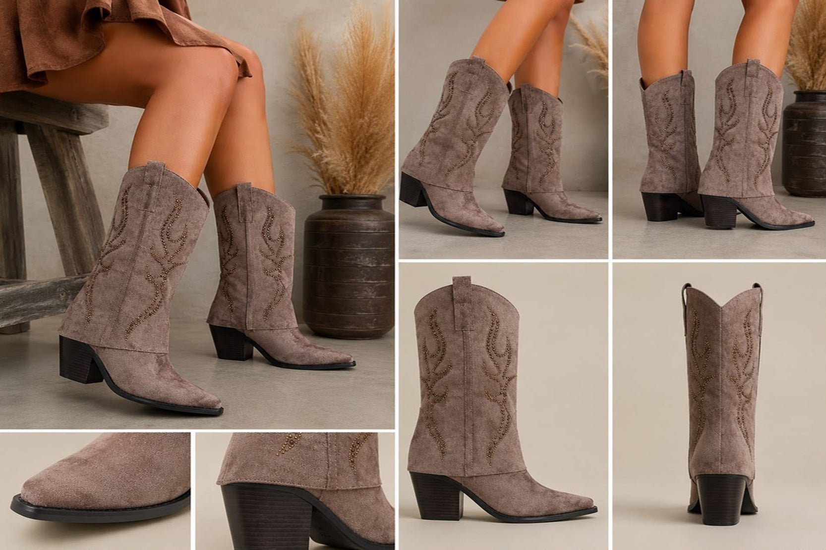 Women's  Studded Western Mid-Calf Block Heel Boots