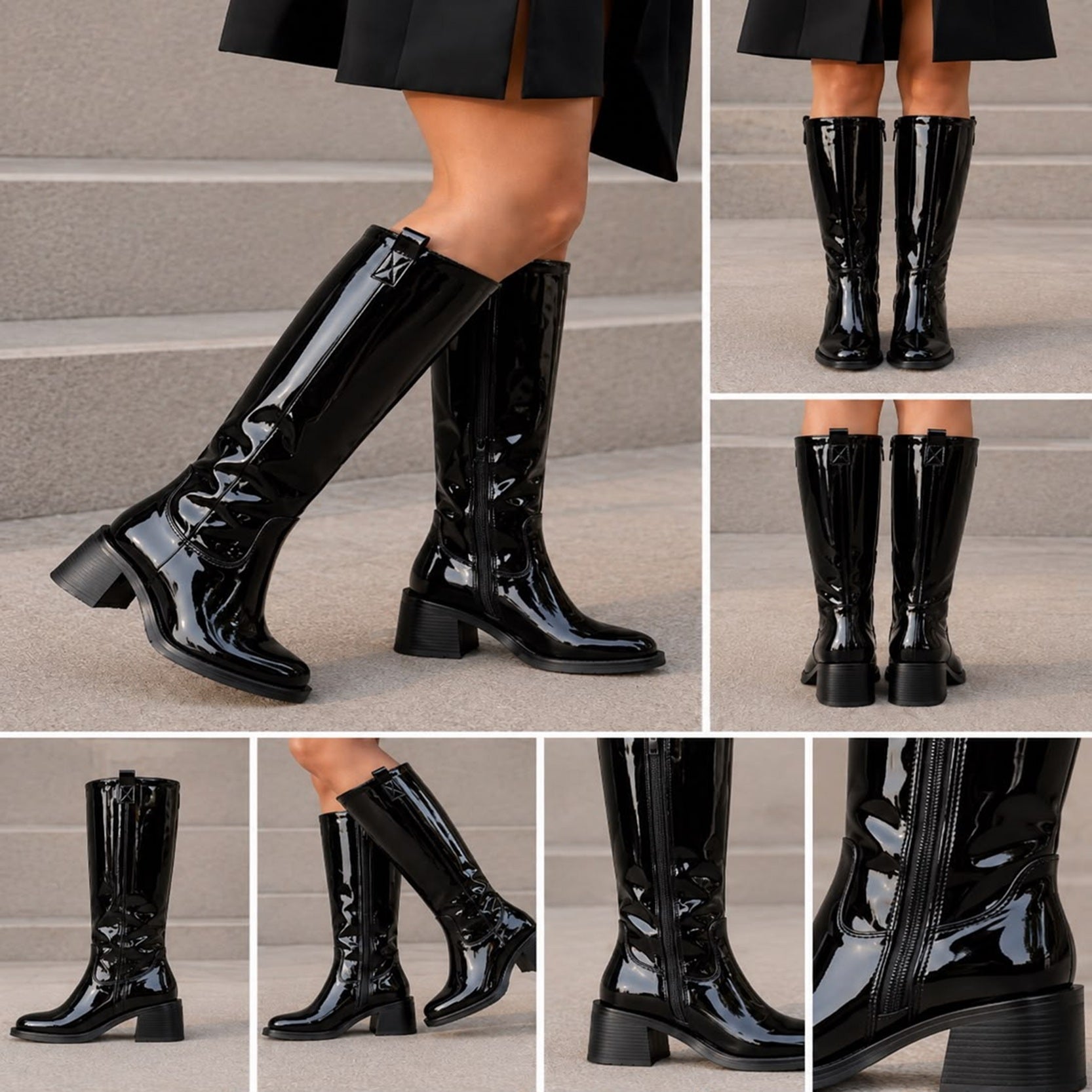Women's Black Knee High Block Heel Zip Boots