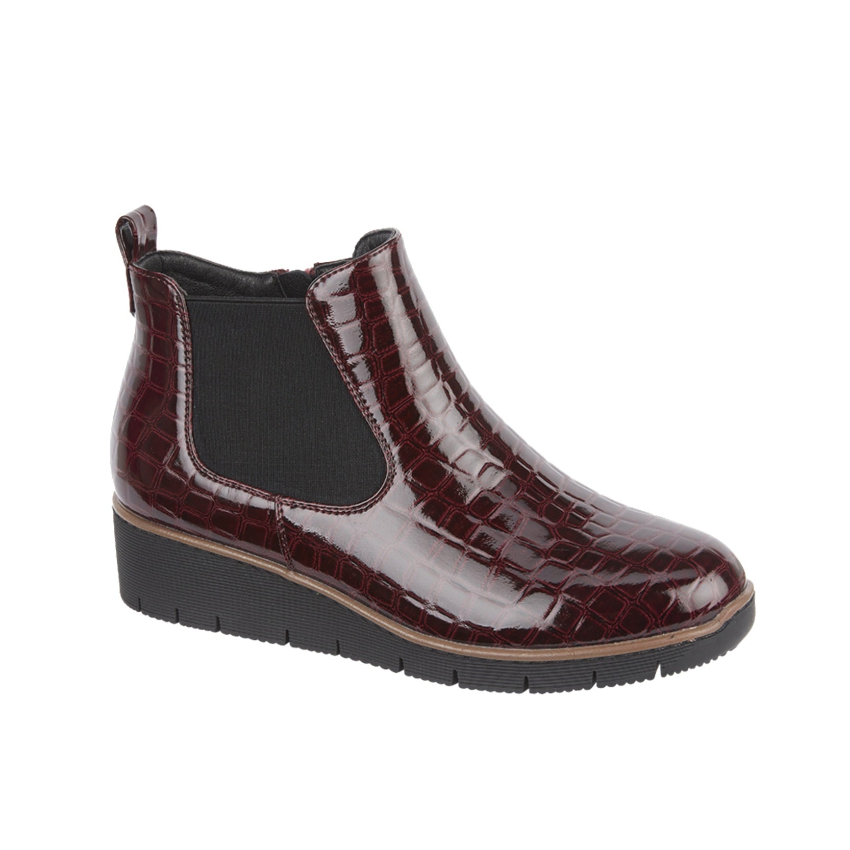 Burgundy Wedge Twin Gusset Ankle Boots Patent