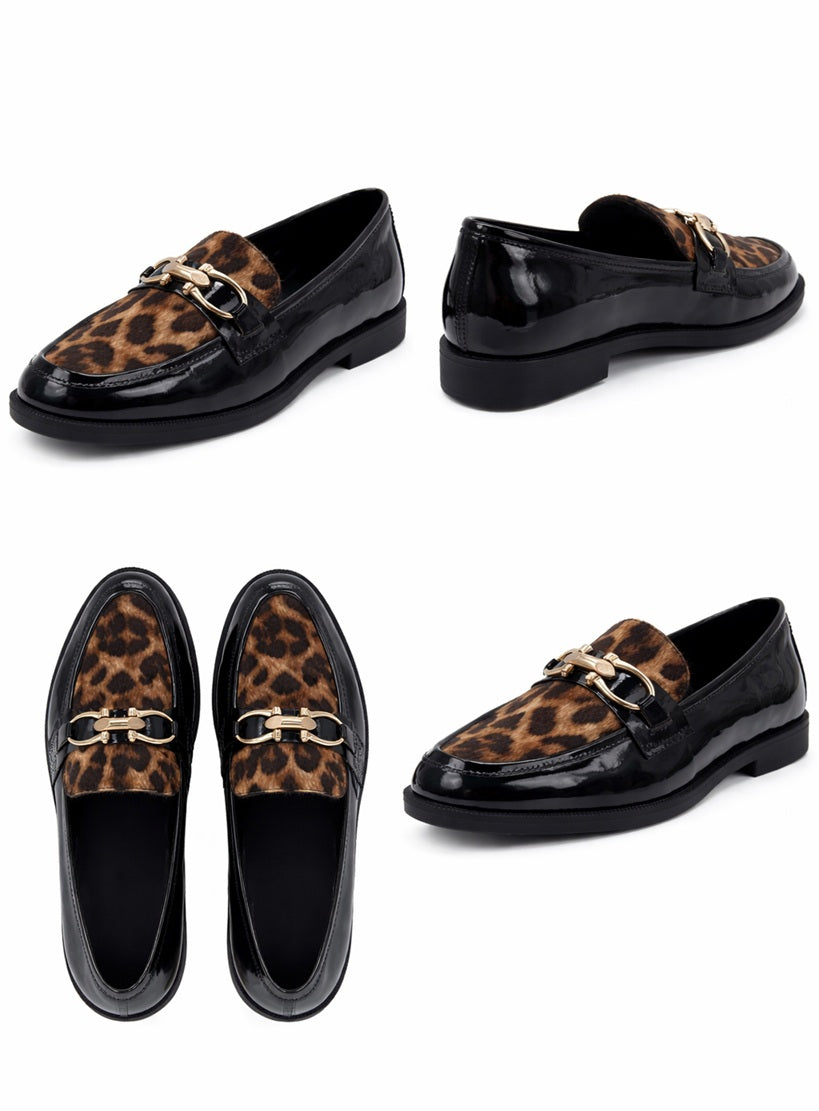 Black Patent Loafer with Leopard Print Accent and Metal Bit Detail