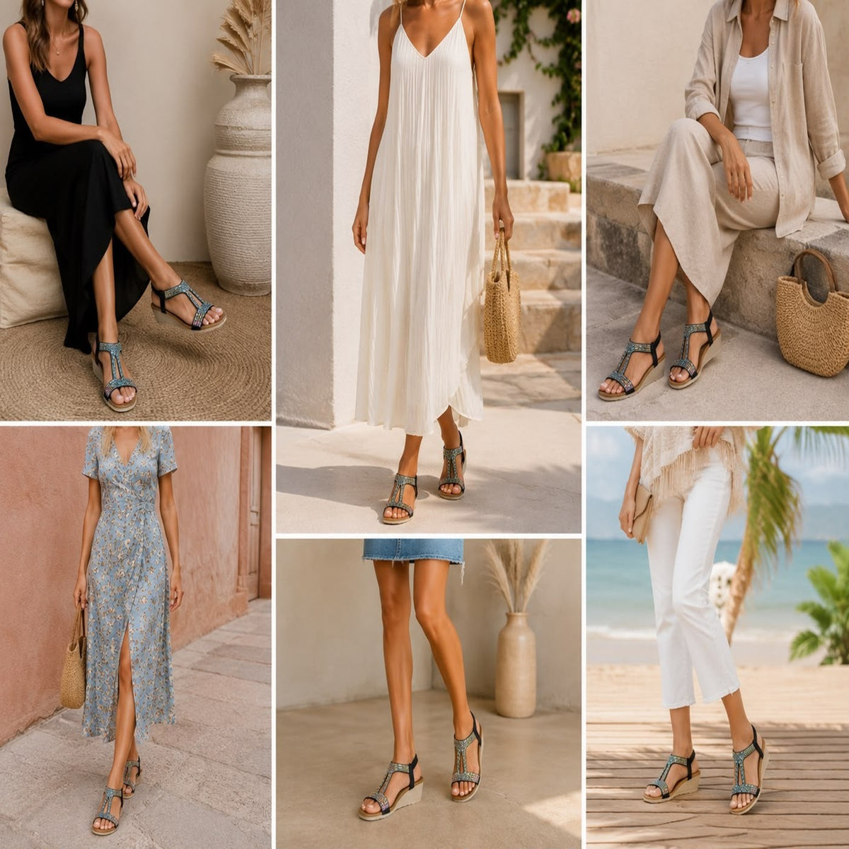 Embellished T-Strap Wedge Sandals with Elastic Back Strap Comfort