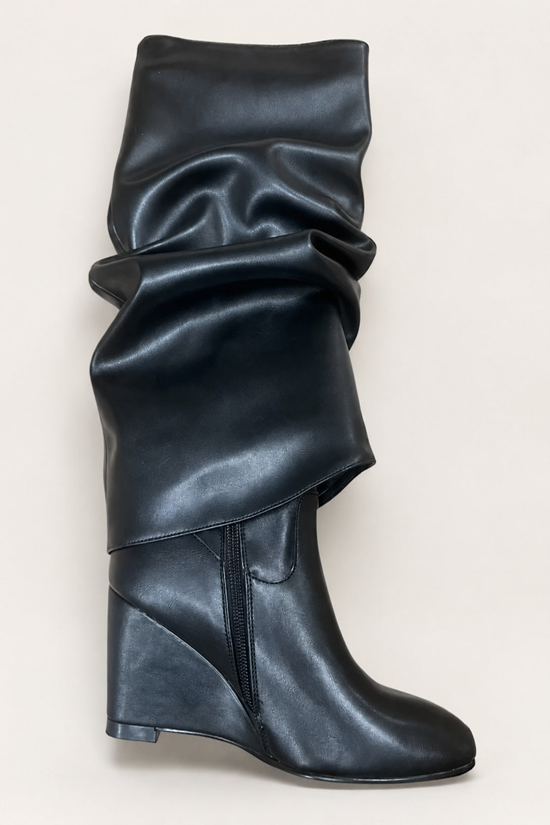 Women's Ruched Buckle Wedge Shark Boots PU Leather Hidden Zipper