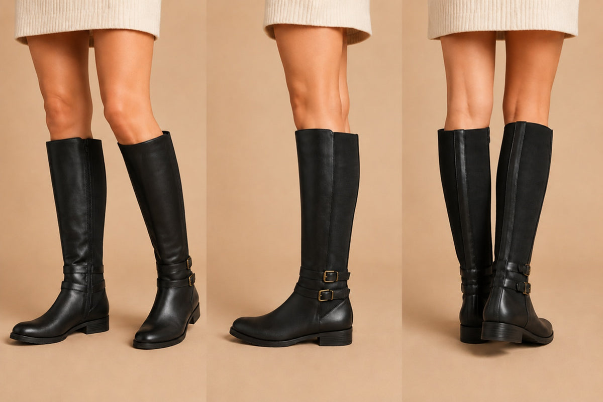Knee High Boots with Stretch Gusset, Side Zip & Buckle Detail