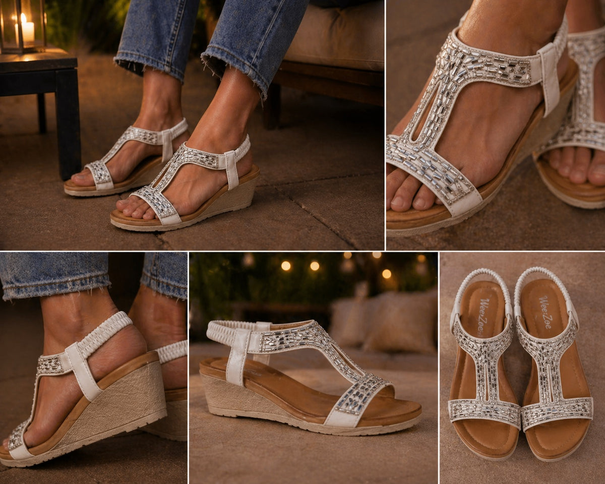 Embellished T-Strap Wedge Sandals Glitzy Elastic Strap Comfort