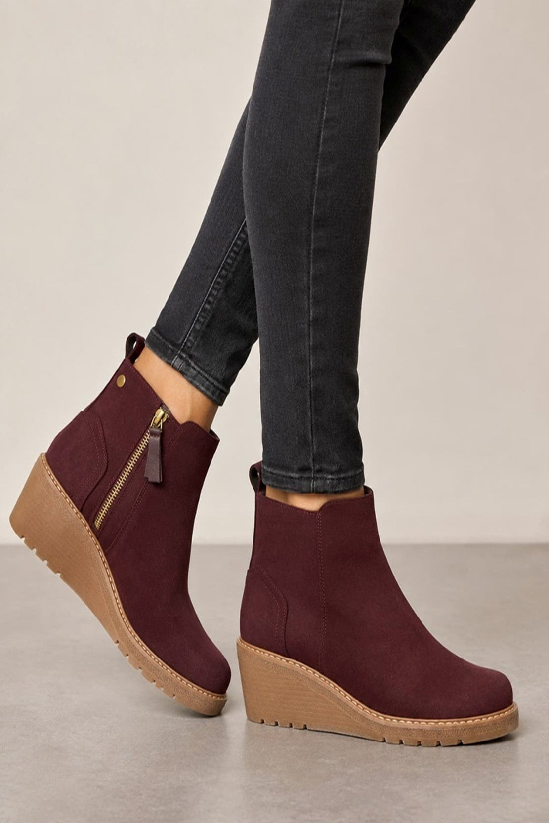 Women’s Burgundy Side-Zip Wedge Ankle Boots