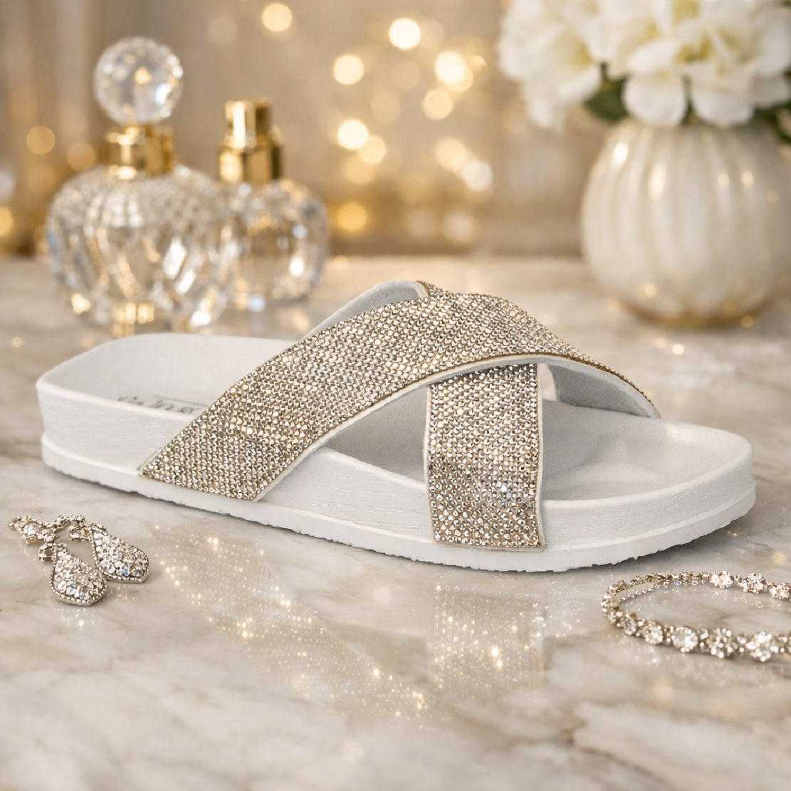 Women Cross Sliders Sparkle Flat Slides Rhinestone Silver White