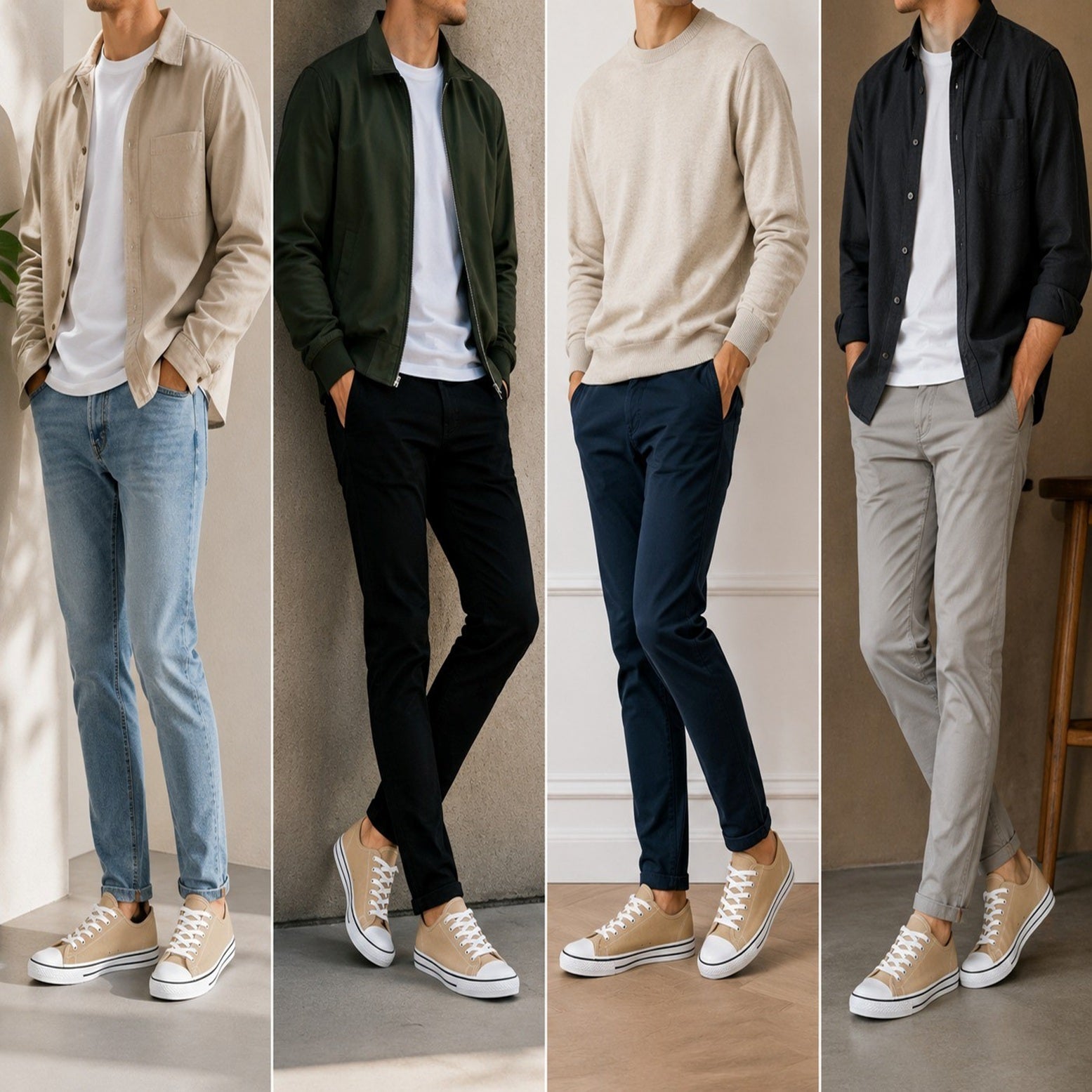 Beige Canvas Lace-Up Casual Trainers for Men