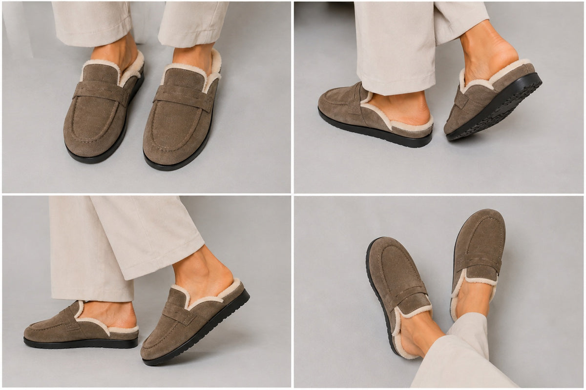 Faux Suede Fur-Lined Loafer Mules [