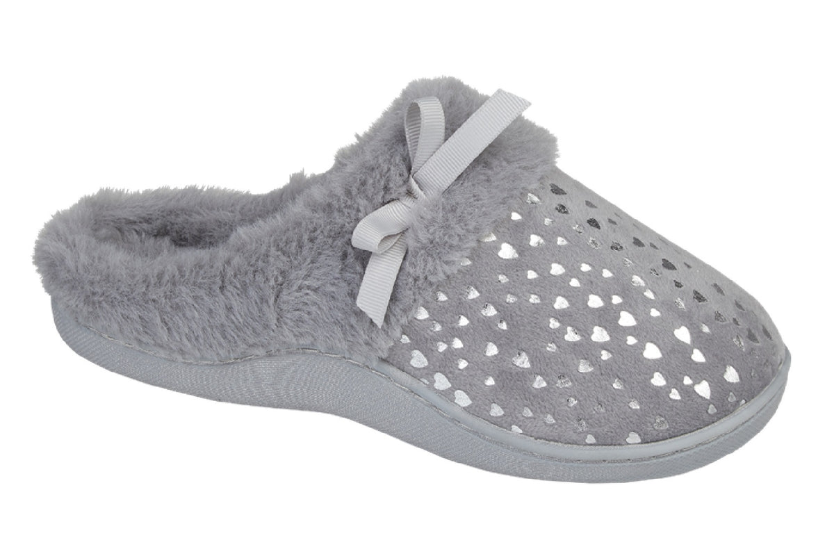 Grey Fur-Lined Mule with Foil Heart Detail