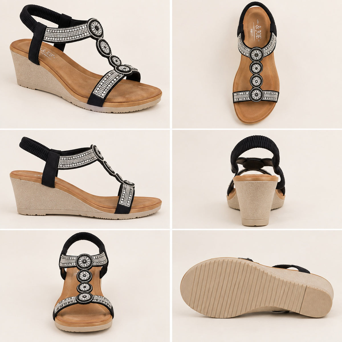 Rhinestone T-Strap Wedge Sandals Elastic Back Sparkly Comfort Shoes