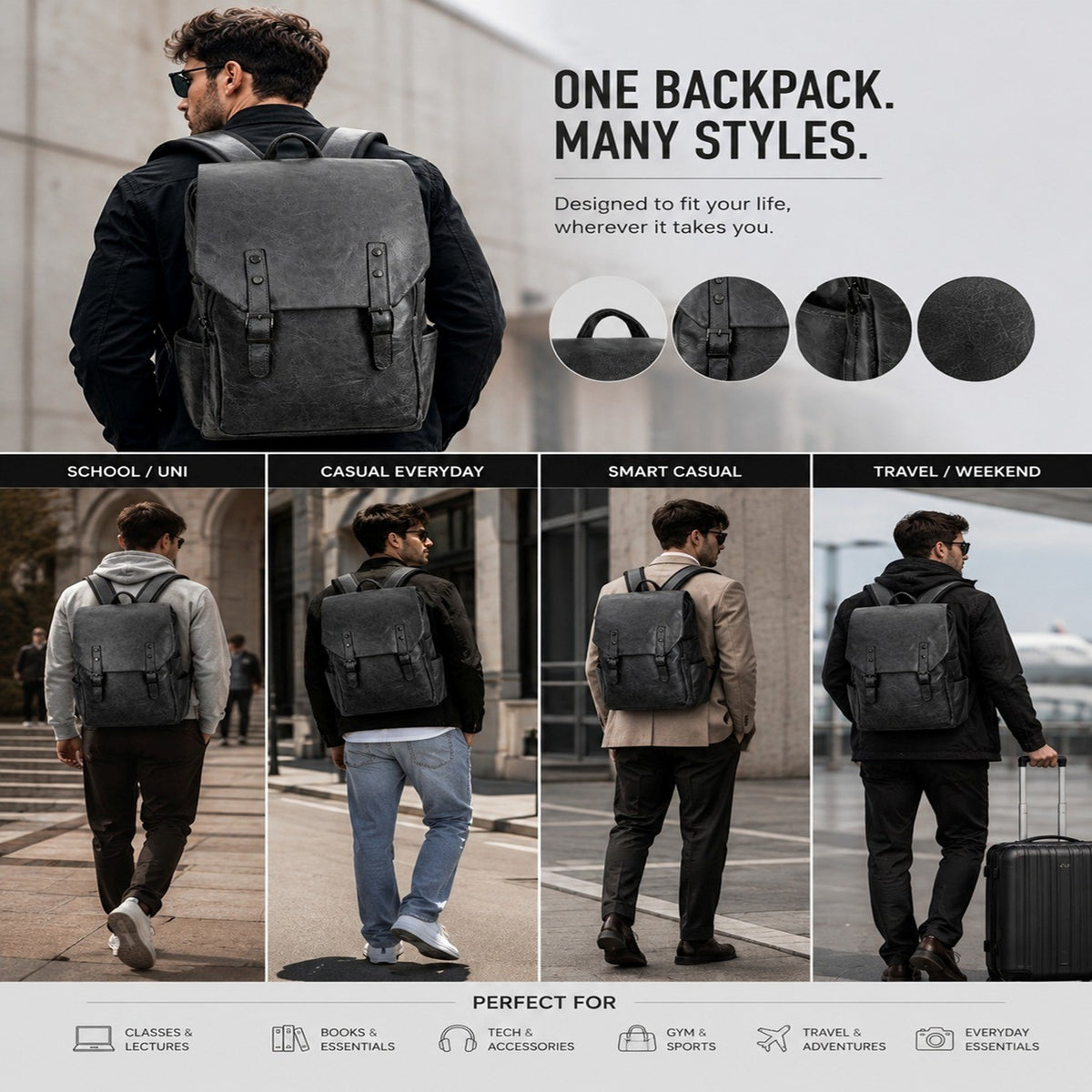 Men Leather Backapck Laptop Large Black Travel Work