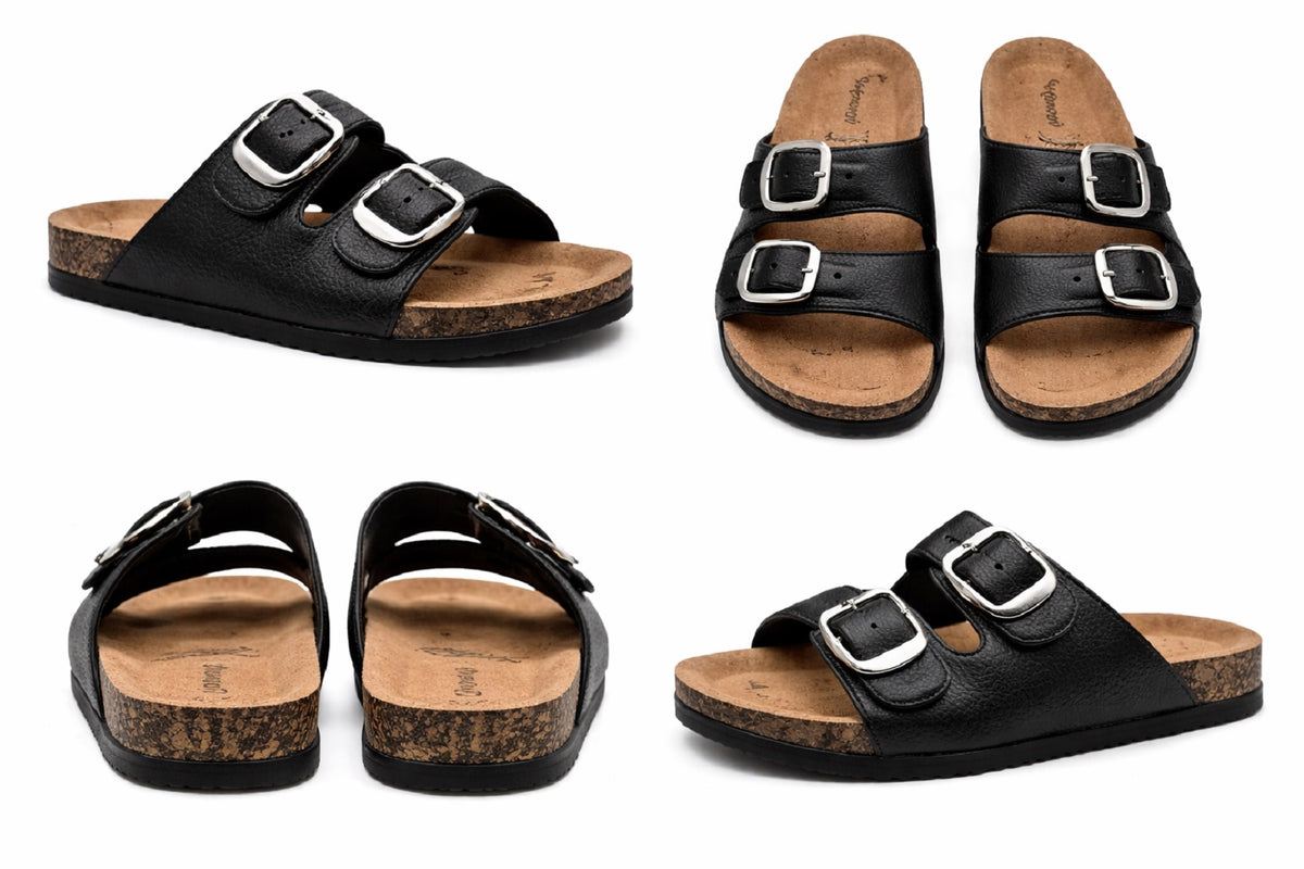 Black PU Leather Silver Buckle slider slip-on Slides
