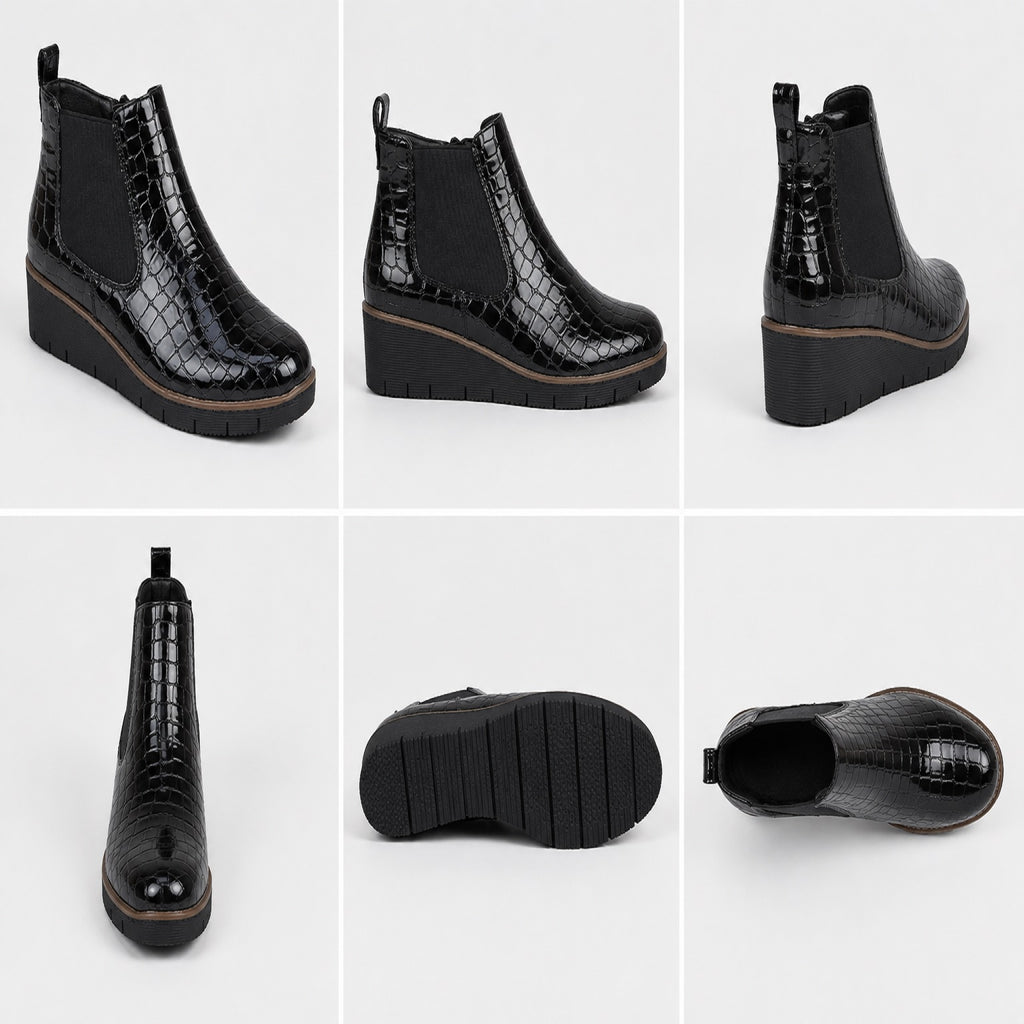 Black Patent Croc PU Wedge Twin Gusset Zip  Ankle Boots