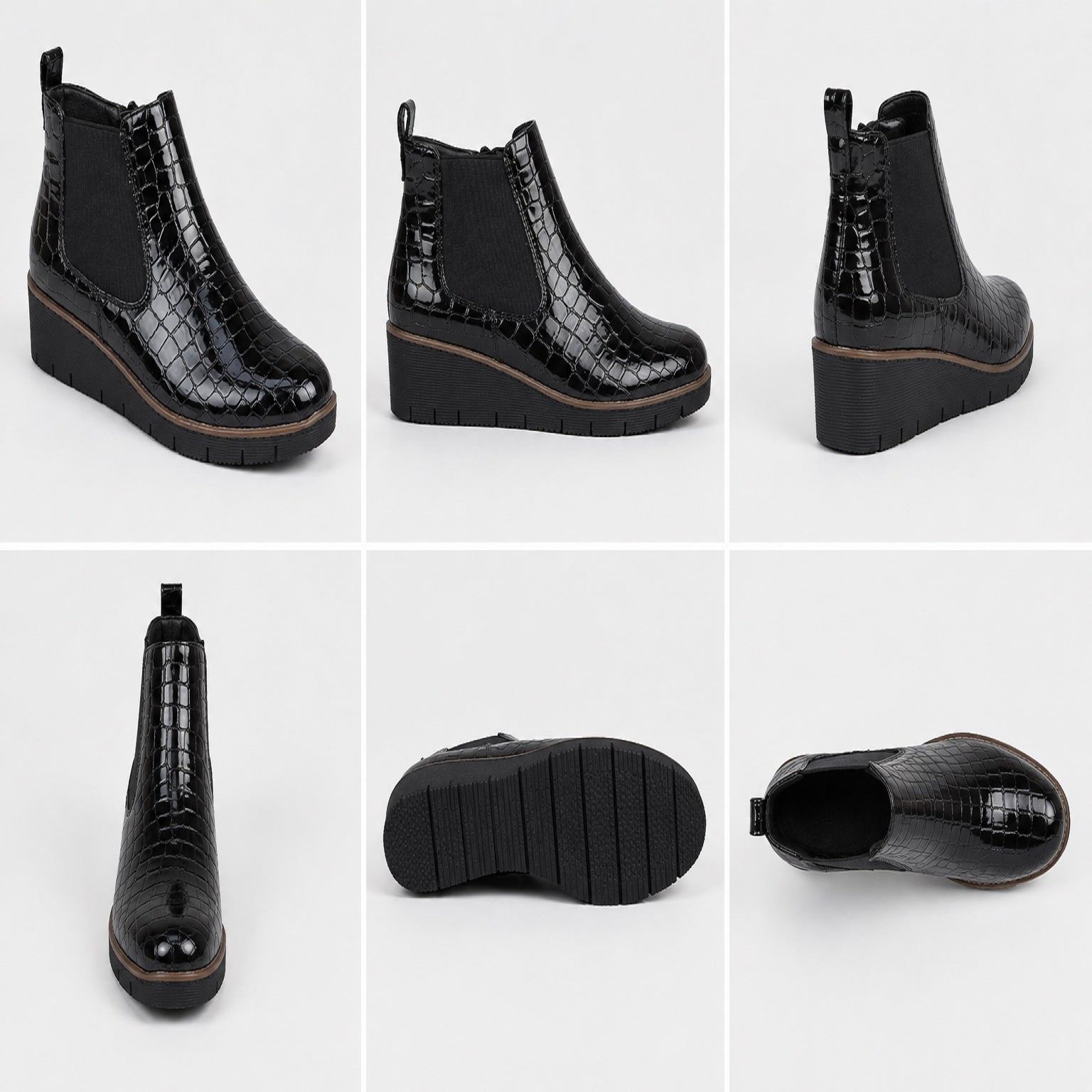 Black Patent Croc PU Wedge Twin Gusset Zip  Ankle Boots