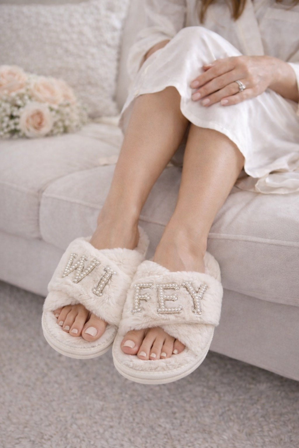 Fluffy WIFEY Beaded Rhinestone Letter  Slippers – Soft Slides