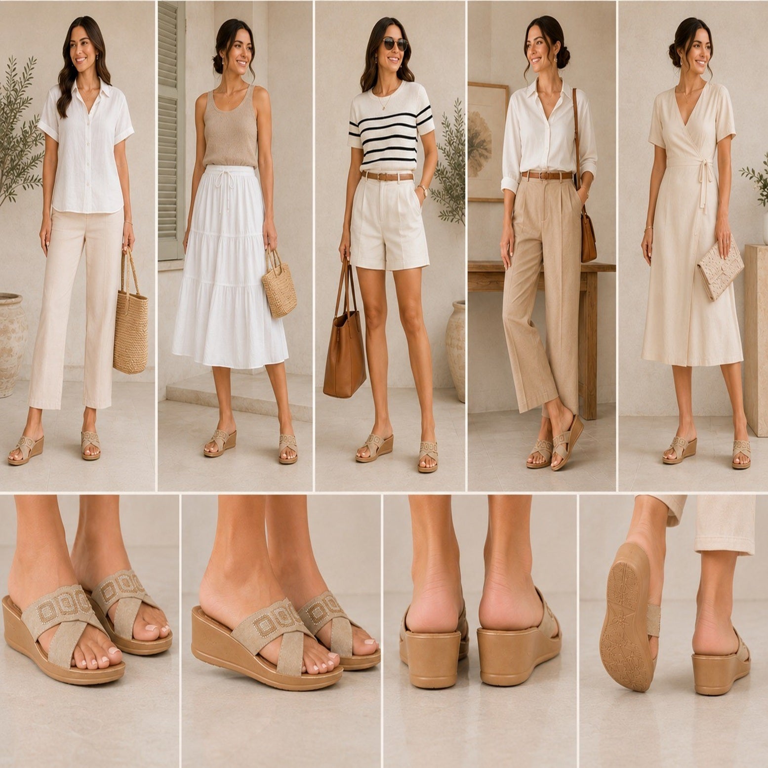 Women's Beige Embellished Comfort Wedge Mule Sandals