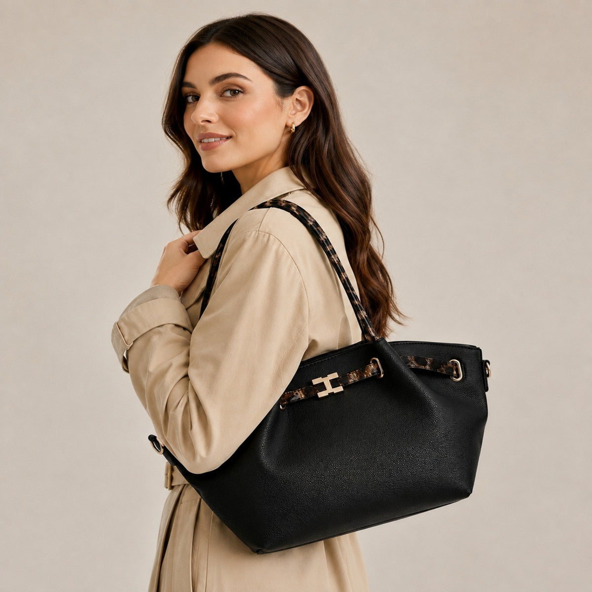 Women’s Structured Tote Bag with Decorative Strap Detail