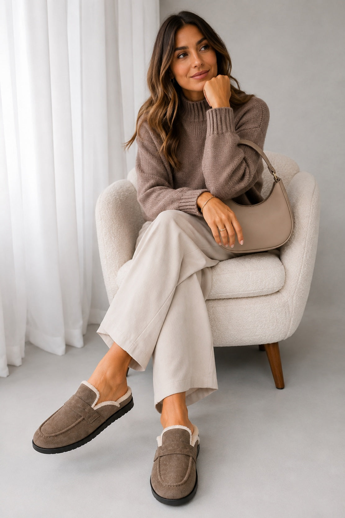 Faux Suede Fur-Lined Loafer Mules [