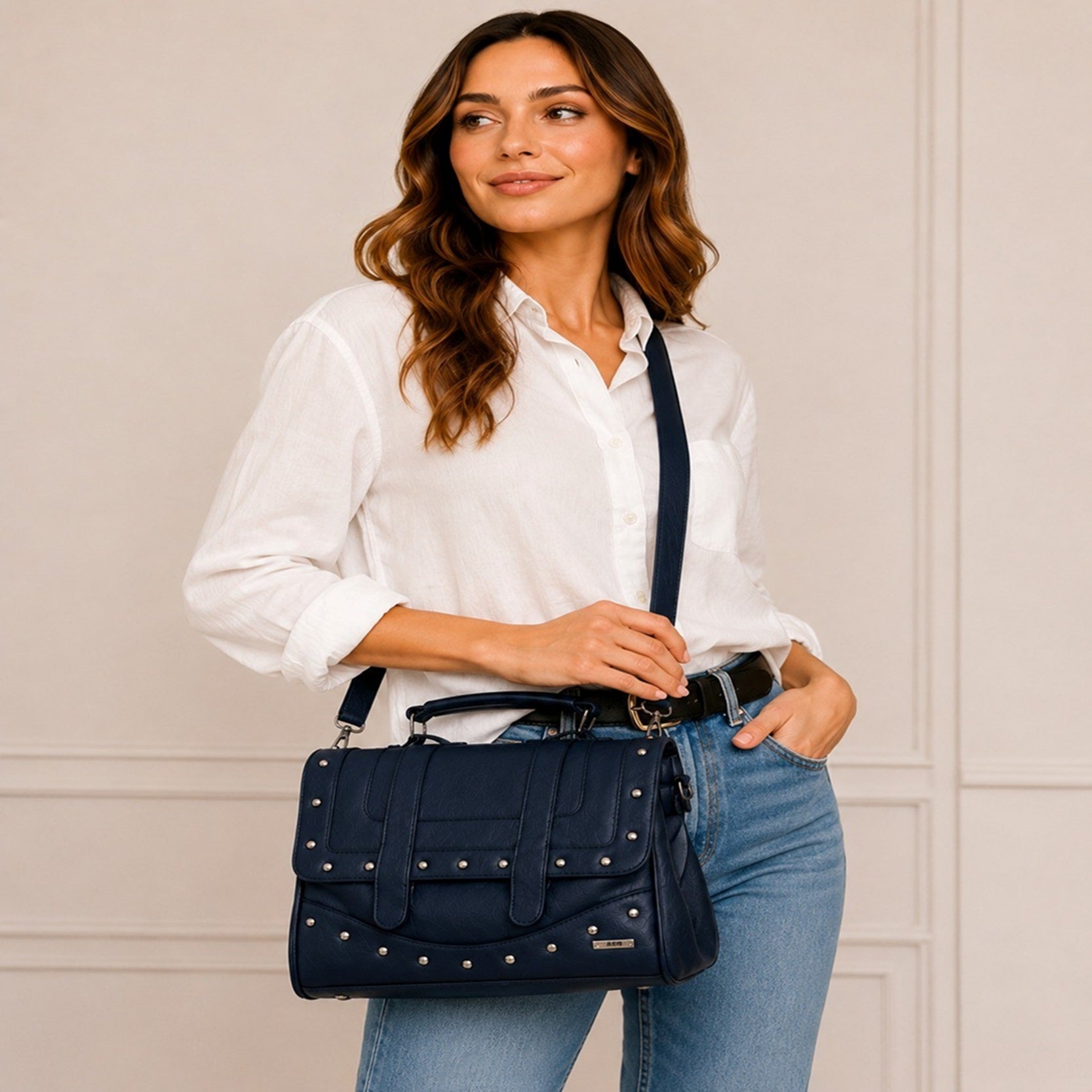 Women's Satchel Leather Grain PU Bag Twin Zips & Studs
