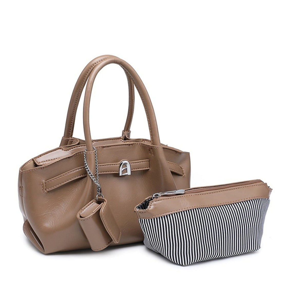 Women's PU Leather Tote Handbag with Matching Cosmetic Pouch