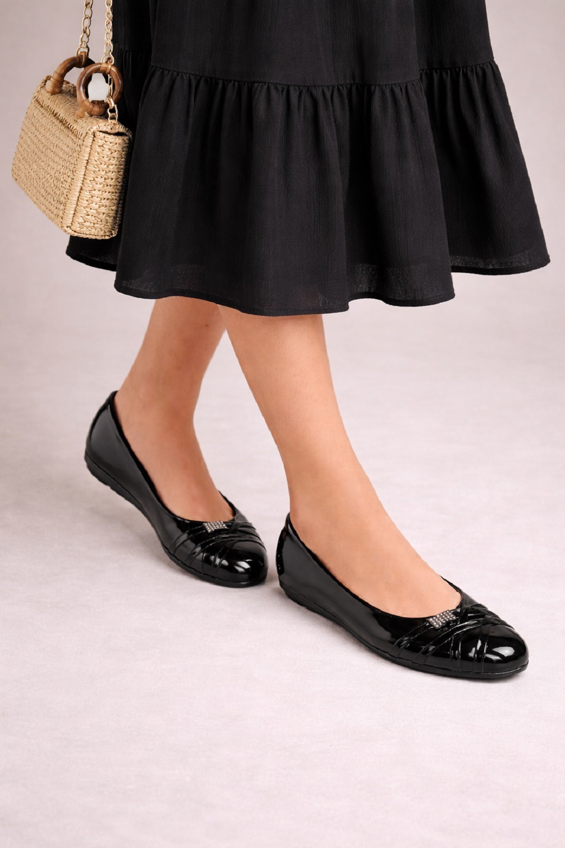 Black Patent Slip On Ballerina Shoes Rhinestone Bow