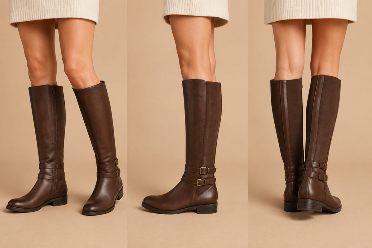 Knee High Boots Elasticated Gusset, Zip & Buckle